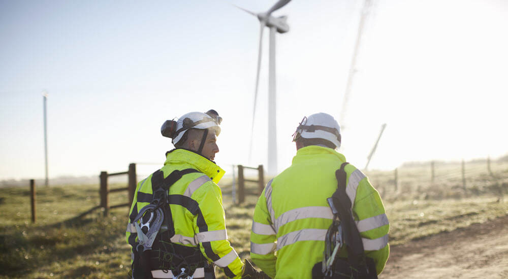 Two engineers at wind farm, walking together, rear view